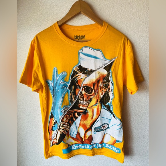 Blink 182 Enema of The State Nurse Graphic Tee Yellow Cotton Small Unisex NWOT - Picture 1 of 11